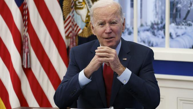 Mandatory Credit: Photo by Ting Shen/POOL/EPA-EFE/Shutterstock (12697011h)US President Joe Biden speaks while meeting with members of the White House Covid-19 Response Team at the Eisenhower Executive Office Building in Washington, DC, USA, 04 January 2022.