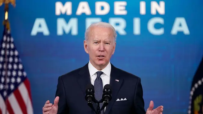 Mandatory Credit: Photo by Andrew Harnik/AP/Shutterstock (12770317e)President Joe Biden speaks in the South Court Auditorium in the Eisenhower Executive Office Building on the White House Campus in WashingtonBiden, Washington, United States - 21 Jan 2022.