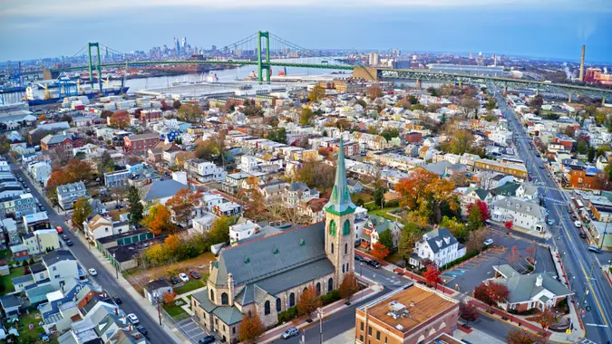 Aerial View of Delaware Riverfront Town Gloucester New Jersey.