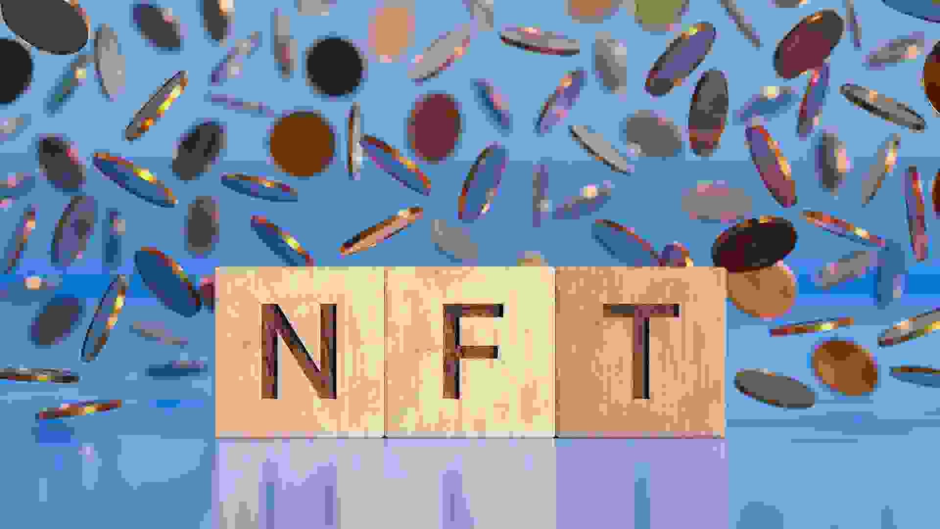 NFT Word in Front of Falling Coins Background. stock photo