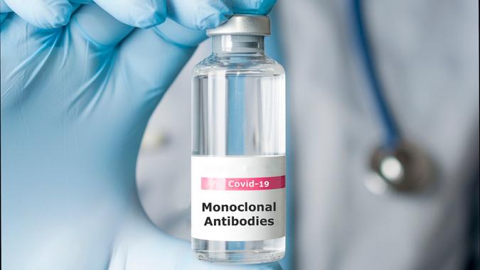 Doctor hold a vial of monoclonal antibodies, a new treatment for coronavirus Covid-19.