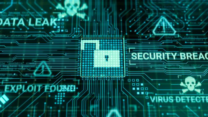 Hacker attacks hardware microchip while processing data through internet network, 3d rendering of insecure Cyber Security concept for exploiting database breach, warning screen for unlocking malicious virus.