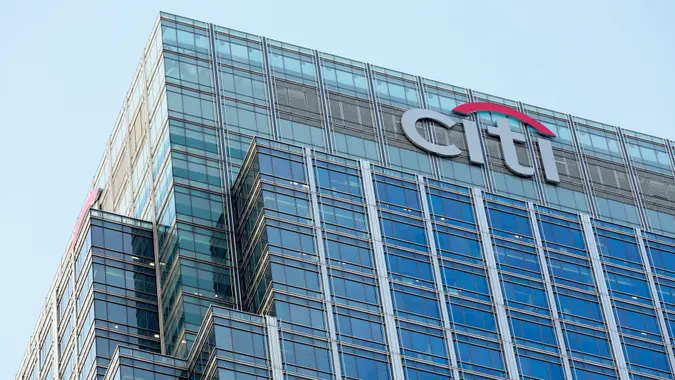 London, UK - October 29, 2013: Corporate branding on the headquarter buildings of Citi at day in London.