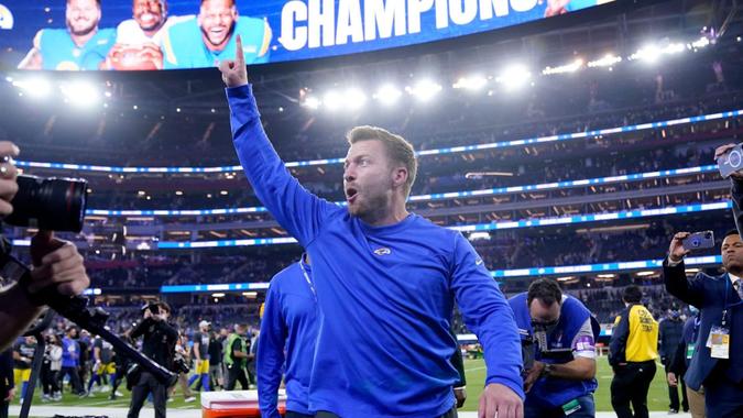 Mandatory Credit: Photo by Marcio Jose Sanchez/AP/Shutterstock (12782467fv)Los Angeles Rams head coach Sean McVay celebrates after the NFC Championship NFL football game against the San Francisco 49ers, in Inglewood, Calif.