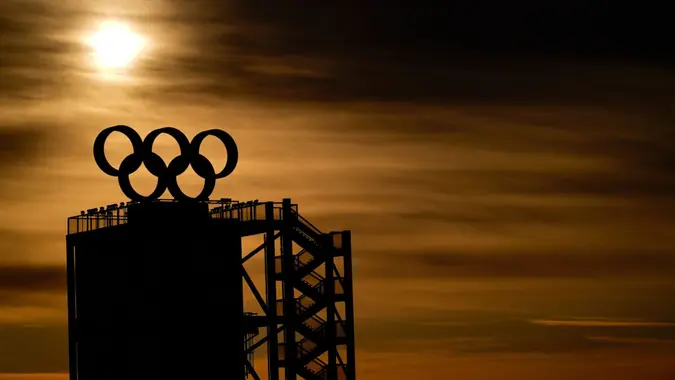 Mandatory Credit: Photo by Matt Slocum/AP/Shutterstock (12792556a)The sun rises over Olympic Rings ahead of the freestyle skiing Big Air qualification rounds of the 2022 Winter Olympics, in BeijingOlympics Freestyle Skiing, Beijing, China - 07 Feb 2022.