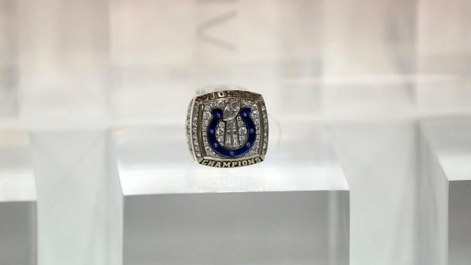 Mandatory Credit: Photo by Gregory Payan/AP/Shutterstock (9445943cj)The Indianapolis Colts Super Bowl XLI ring is seen at the Super Bowl Rings exhibit at the 2018 NFL Scouting Combine Experience, in IndianapolisNFL Combine Football, Indianapolis, USA - 01 Mar 2018.