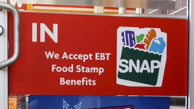 SNAP and EBT Accepted here sign. SNAP provides nutrition benefits to supplement the food budget of disadvantaged families stock photo