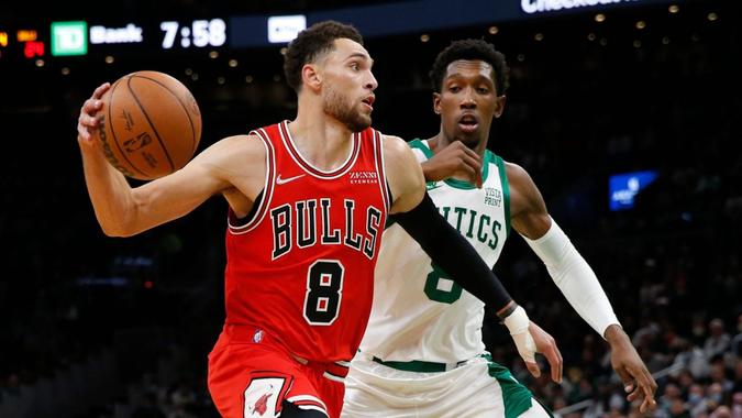 Mandatory Credit: Photo by Michael Dwyer/AP/Shutterstock (12583096a)Chicago Bulls' Zach LaVine (8) drives past Boston Celtics Josh Richardson during the first half of an NBA basketball game, in BostonBulls Celtics Basektball, Boston, United States - 01 Nov 2021.
