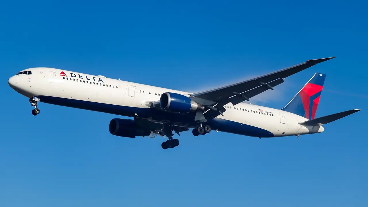 Delta Airlines Boeing 767 at Heathrow Airport. stock photo