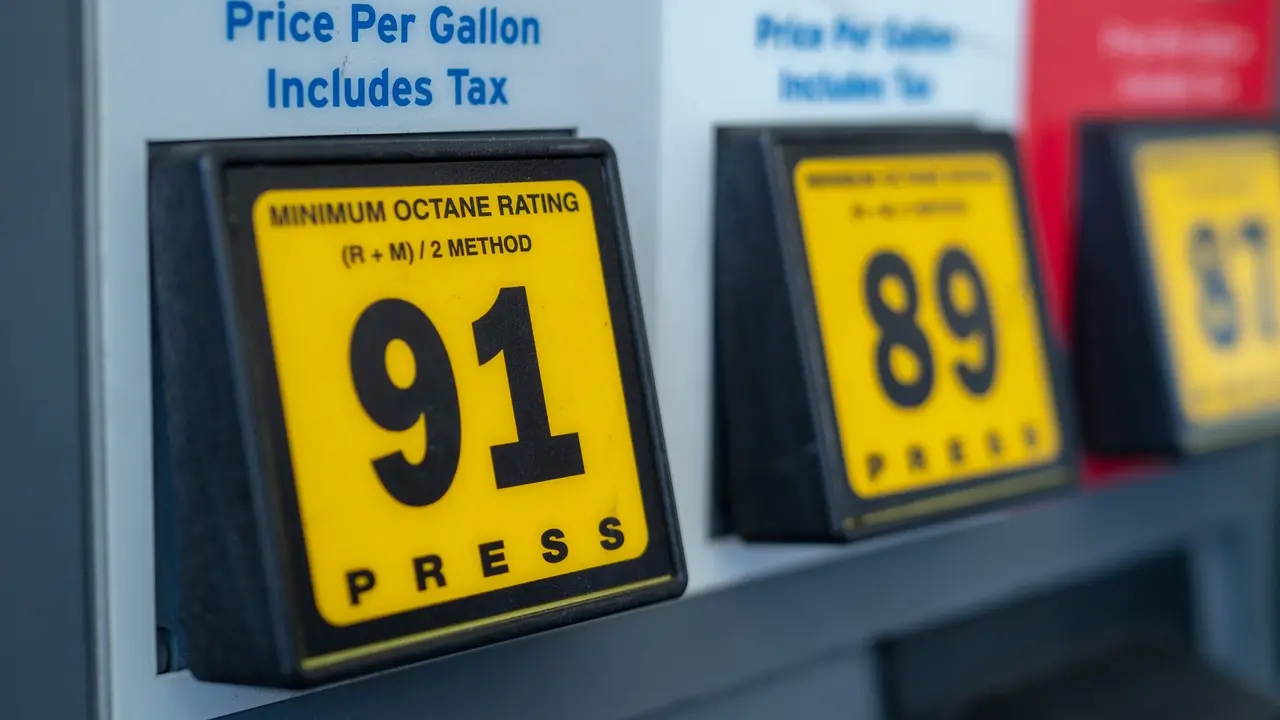 Self-serve gas station fuel options with 91 octane mainly featured stock photo