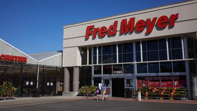 Tigard, OR, USA - Aug 24, 2020: The storefront of a Fred Meyer store in Tigard, Oregon, during the coronavirus pandemic.