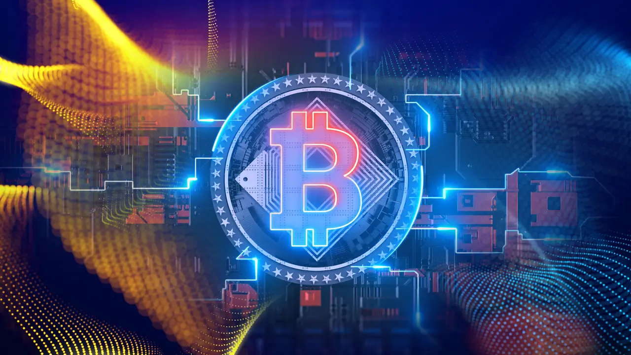 Cryptocurrency Bitcoin blockchain symbol digital encryption network on circuit board.
