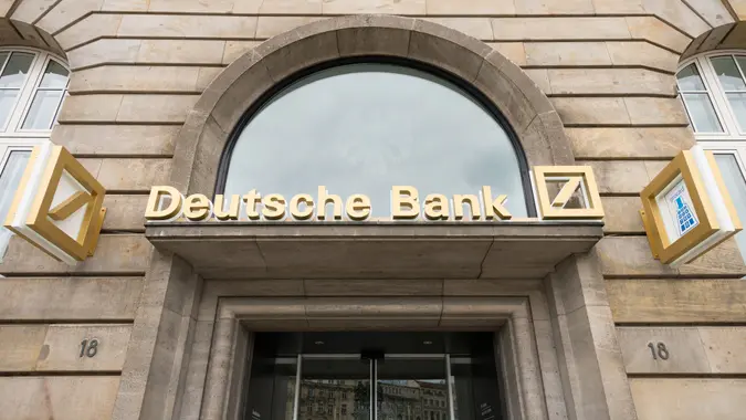 Frankfurt, Germany - June 10, 2012: Main entrance to a Deutsche Bank branch in downtown Frankfurt, Germany.