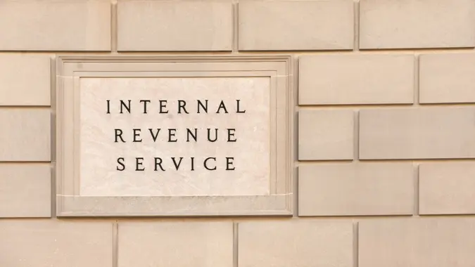 Sign on IRS headquarter building in downtown Washington, DC.