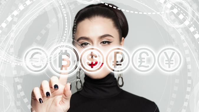 Business woman with Bitcoin symbol.