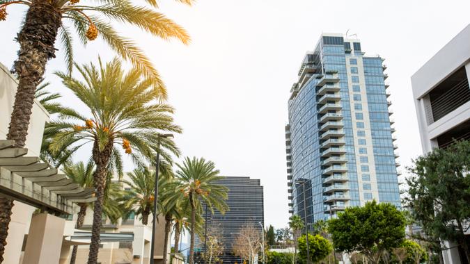 Daytime skyline view of downtown Santa Ana, California, USA.