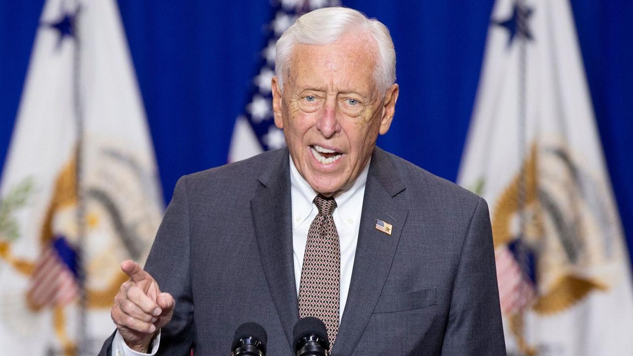 Mandatory Credit: Photo by MICHAEL REYNOLDS/POOL/EPA-EFE/Shutterstock (12643181a)US House Majority Leader Steny Hoyer delivers remarks during a visit to Brandywine Maintenance Facility in Brandywine, Maryland, USA, 13 December 2021.