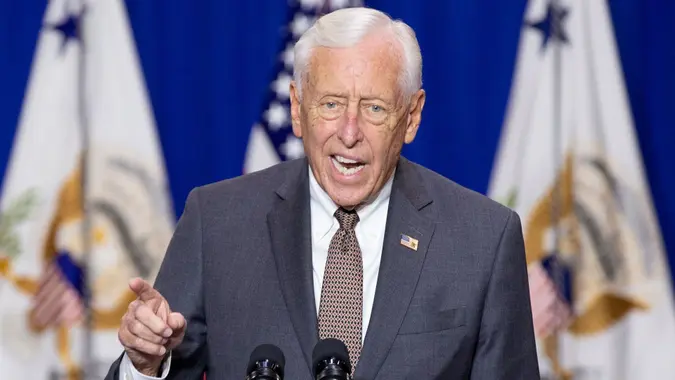 Mandatory Credit: Photo by MICHAEL REYNOLDS/POOL/EPA-EFE/Shutterstock (12643181a)US House Majority Leader Steny Hoyer delivers remarks during a visit to Brandywine Maintenance Facility in Brandywine, Maryland, USA, 13 December 2021.