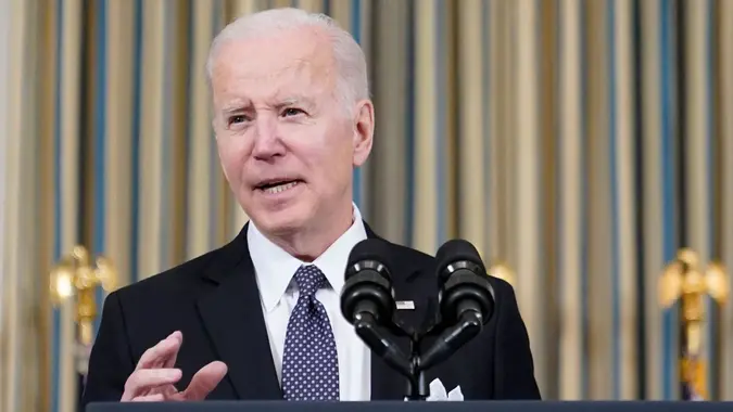 Mandatory Credit: Photo by Patrick Semansky/AP/Shutterstock (12870270o)President Joe Biden speaks about his proposed budget for fiscal year 2023 in the State Dining Room of the White House, in WashingtonBiden Budget, Washington, United States - 28 Mar 2022.