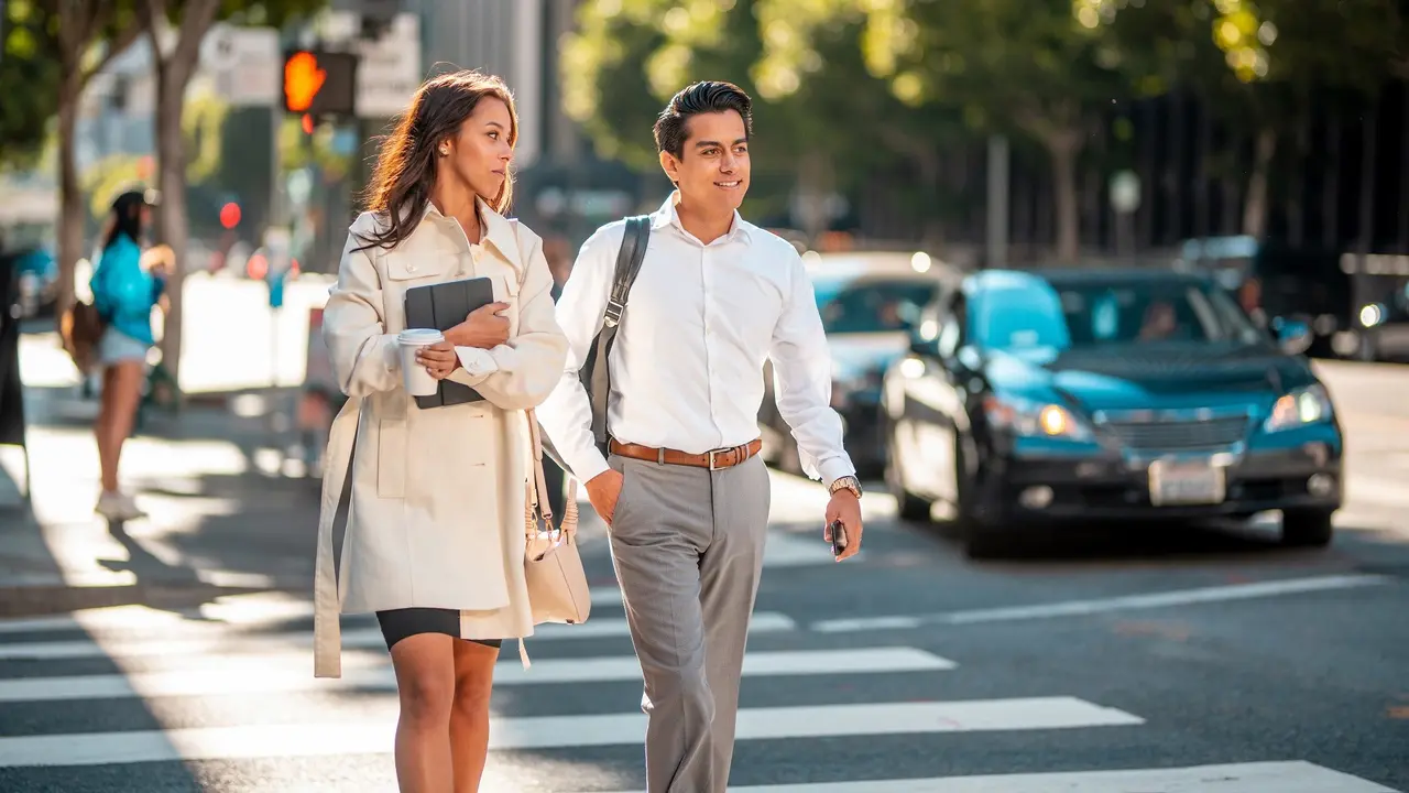 Latin Business Partners Crossing the Street in Los Angeles stock photo