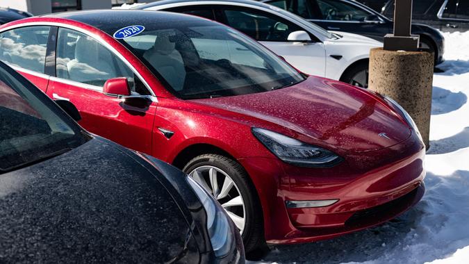 Tesla Model 3 Sedans stock photo