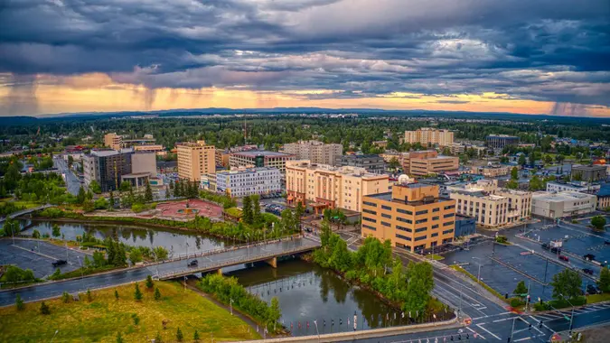 Aerial View of Downtown Fairbanks, Alaska during a stormy Summer Sunset.