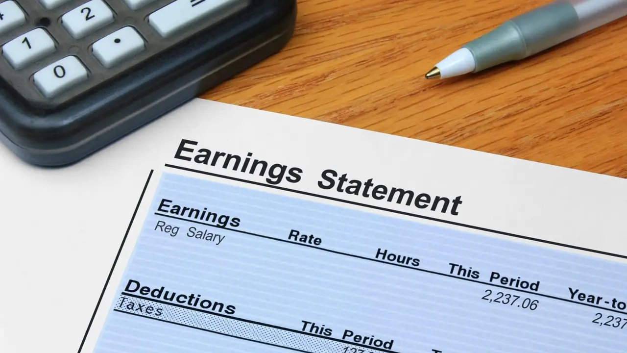 An itemized earnings statement showing earnings and deductions, on a desk with a calculator and pen.
