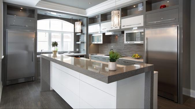 Interior of modern luxury kitchen in North American private residence.