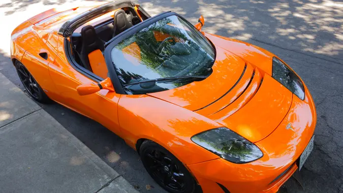 Hamilton, Canada - August 24, 2013: Tesla Roadster electric sports car parked on the street in Hamilton, Ontario.