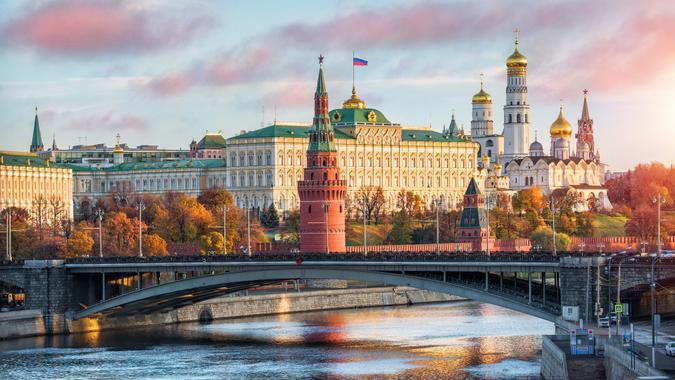 Festive day of November in the Moscow Kremlin in the early autumn morning.