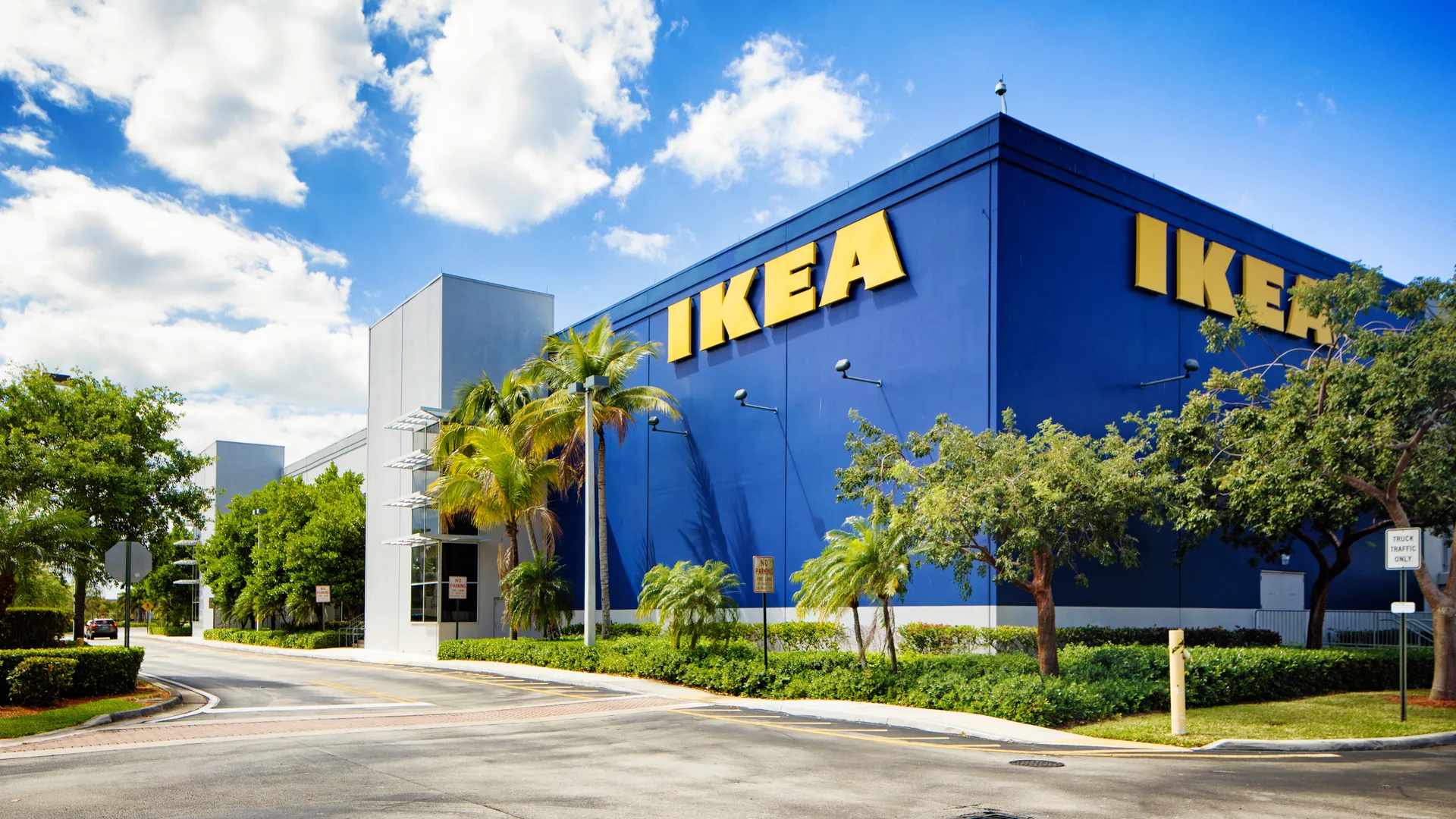 Corner view of the Ikea furniture store in Sunrise Florida near Fort Lauderdale on a mostly sunny Winter day.