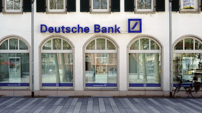 Ruesselsheim, Germany - April 11, 2018: The exterior facade of a Deutsche Bank branch on the marketplace on April 11, 2018 in Ruesselsheim.
