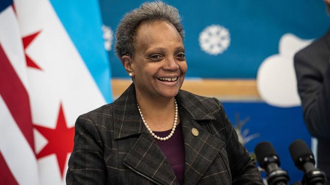 Mandatory Credit: Photo by Ashlee Rezin Garcia/AP/Shutterstock (11703237c)Mayor Lori Lightfoot speaks to reporters after visiting preschool classrooms at Dawes Elementary School in Chicago, .