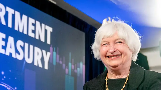 Mandatory Credit: Photo by Andrew Harnik/AP/Shutterstock (12885564j)Treasury Secretary Janet Yellen departs after speaking about digital assets policy at American University's Kogod School of Business Center for Innovation in WashingtonYellen, Washington, United States - 07 Apr 2022.