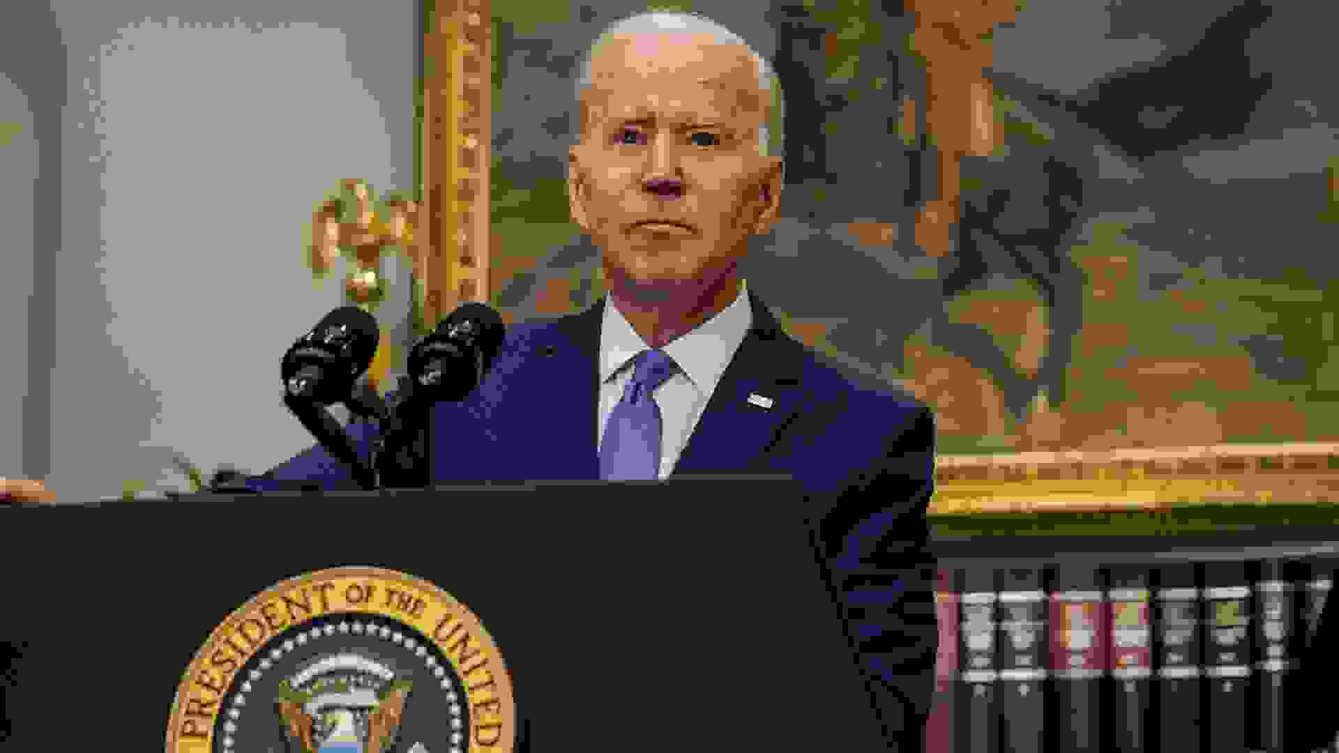 Mandatory Credit: Photo by Samuel Corum/POOL/EPA-EFE/Shutterstock (12915525n)US President Joe Biden speaks in the Roosevelt Room of the White House in Washington, DC, USA, 28 April 2022.