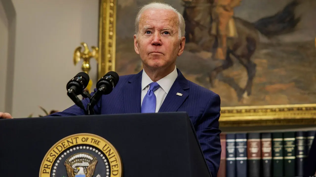 Mandatory Credit: Photo by Samuel Corum/POOL/EPA-EFE/Shutterstock (12915525n)US President Joe Biden speaks in the Roosevelt Room of the White House in Washington, DC, USA, 28 April 2022.