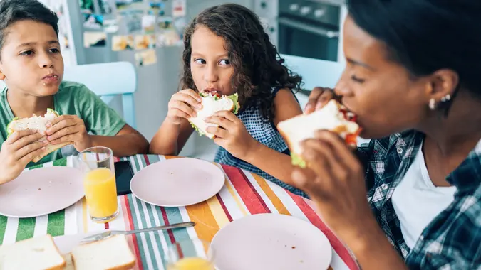 Mother and children eating sandwiches stock photo