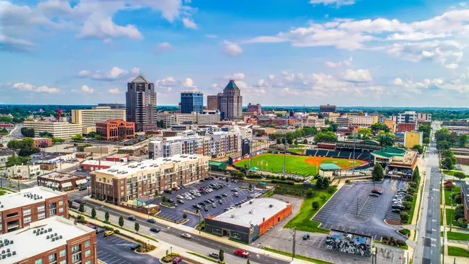 Drone Aerial of Downtown Greensboro North Carolina NC Skyline.