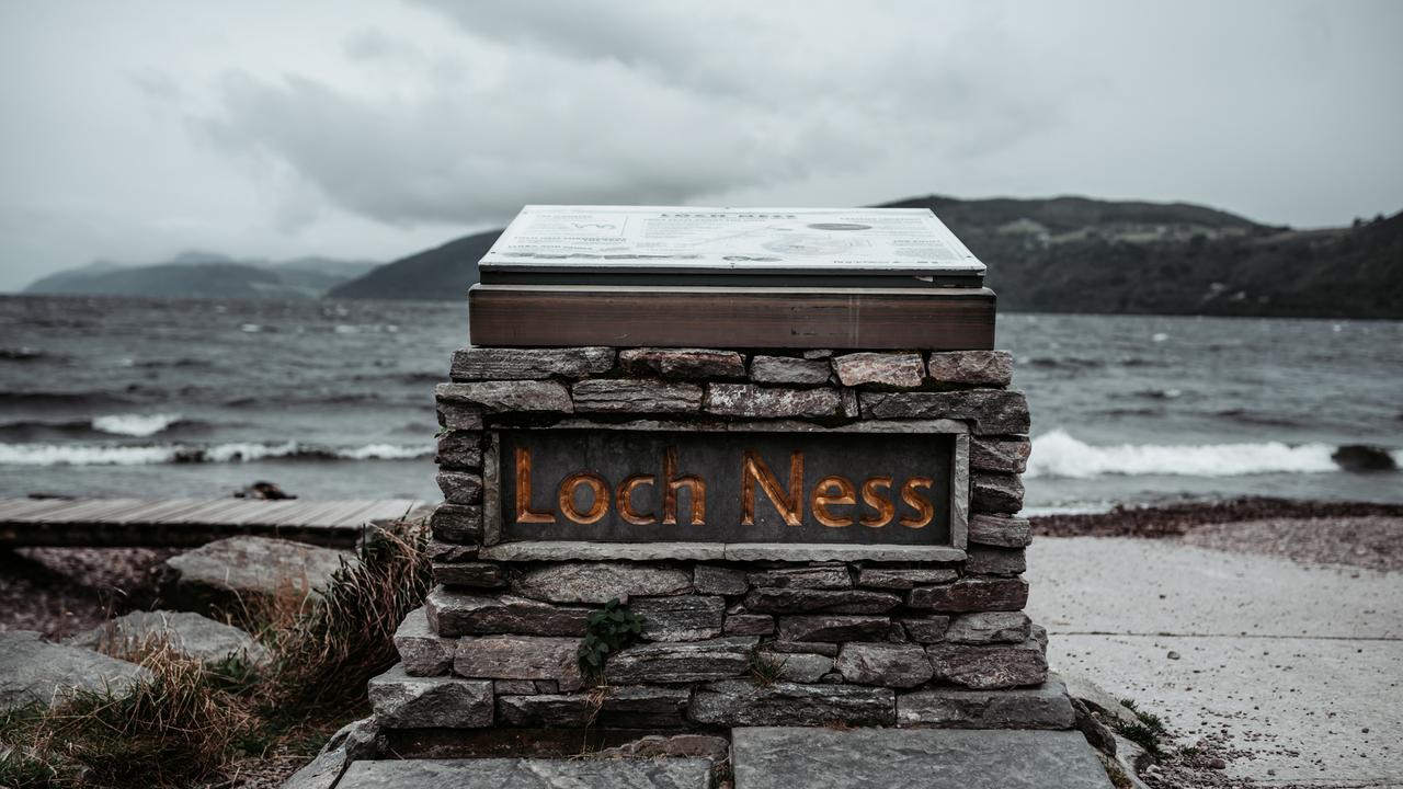 A stone sign at one of the many viewpoints for Loch Ness in Scotland.