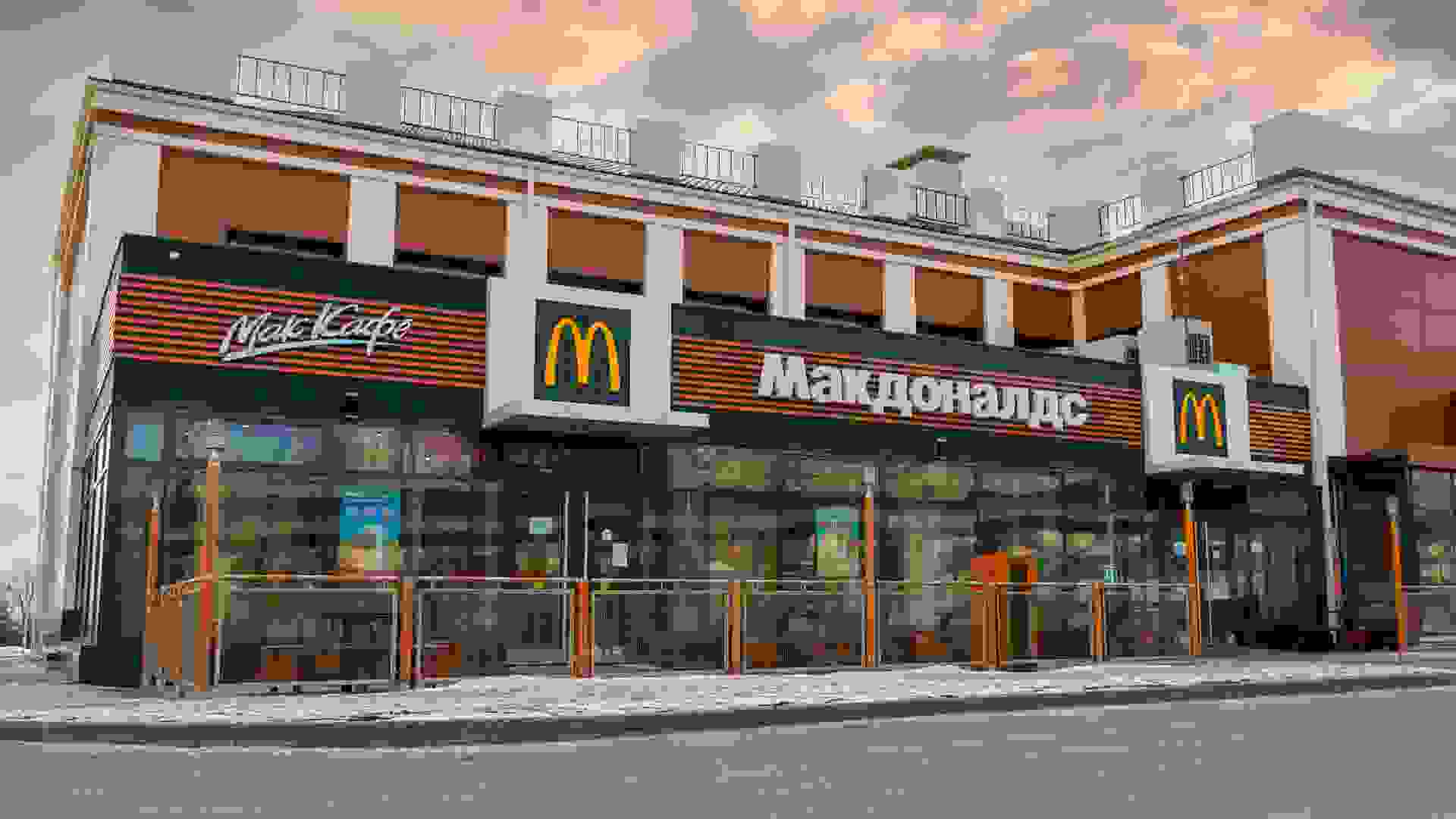 Krasnoyarsk, Russia - March 10, 2022: closed and empty restaurant McDonald's and McCafe.