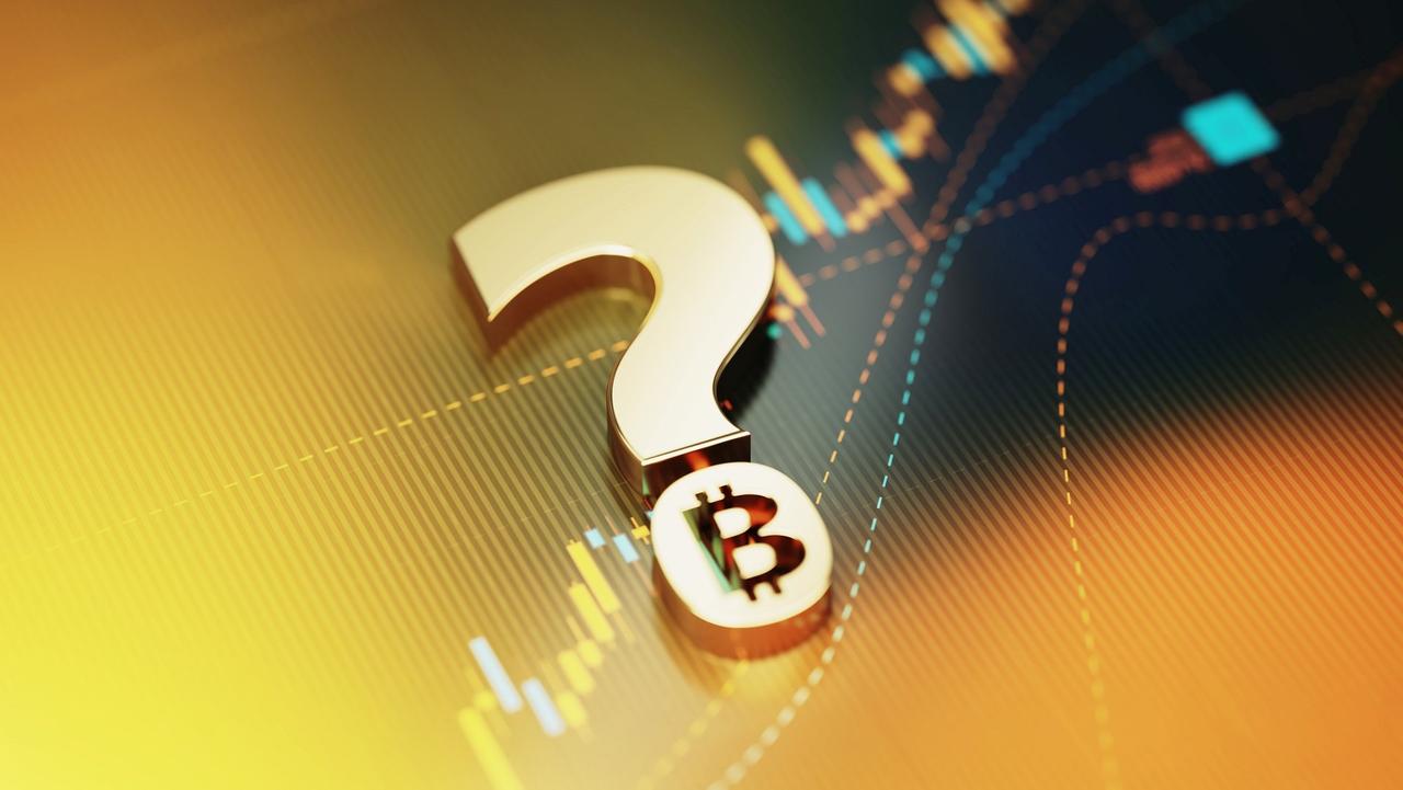Investment And Finance Concept - Bitcoin Symbol Forming A Question Mark On Yellow Financial Graph Background stock photo