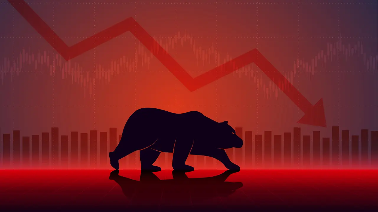 Widescreen Abstract financial chart with downtrend line graph and bear go down in stock market on red color background.