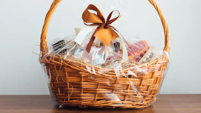 gift basket on gray background, close-up view.
