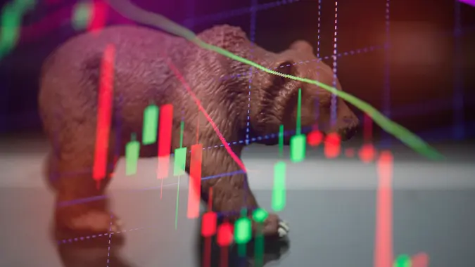 bull and bear market concept with stock chart digital crisis red price drop down chart fall / stock market bear finance risk trend investment business and money losing moving economic.