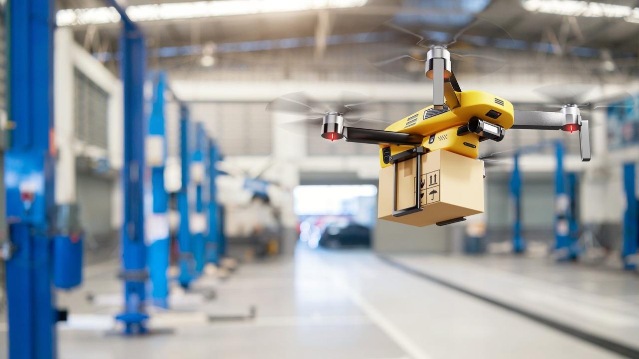 Flying delivery drone transferring parcel box from distribution warehouse to automotive garage customer service repair center background.
