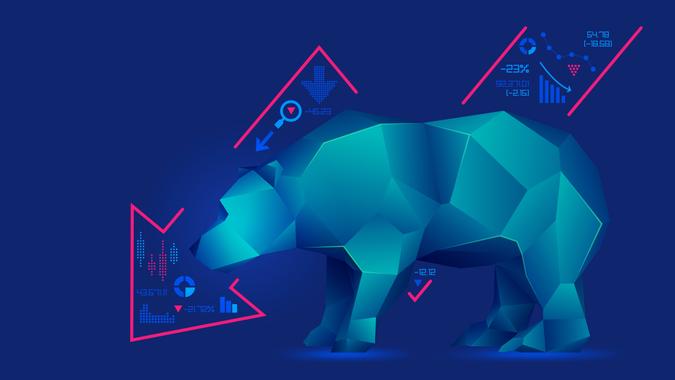 concept of bearish in stock market exchange, graphic of low poly bear with decreasing graph.