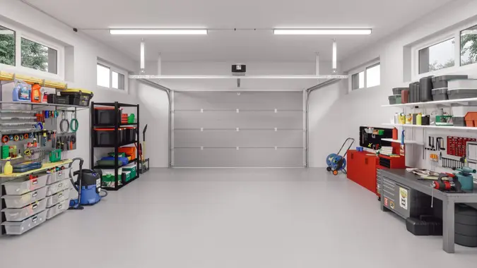 Interior of an empty modern garage in a house.
