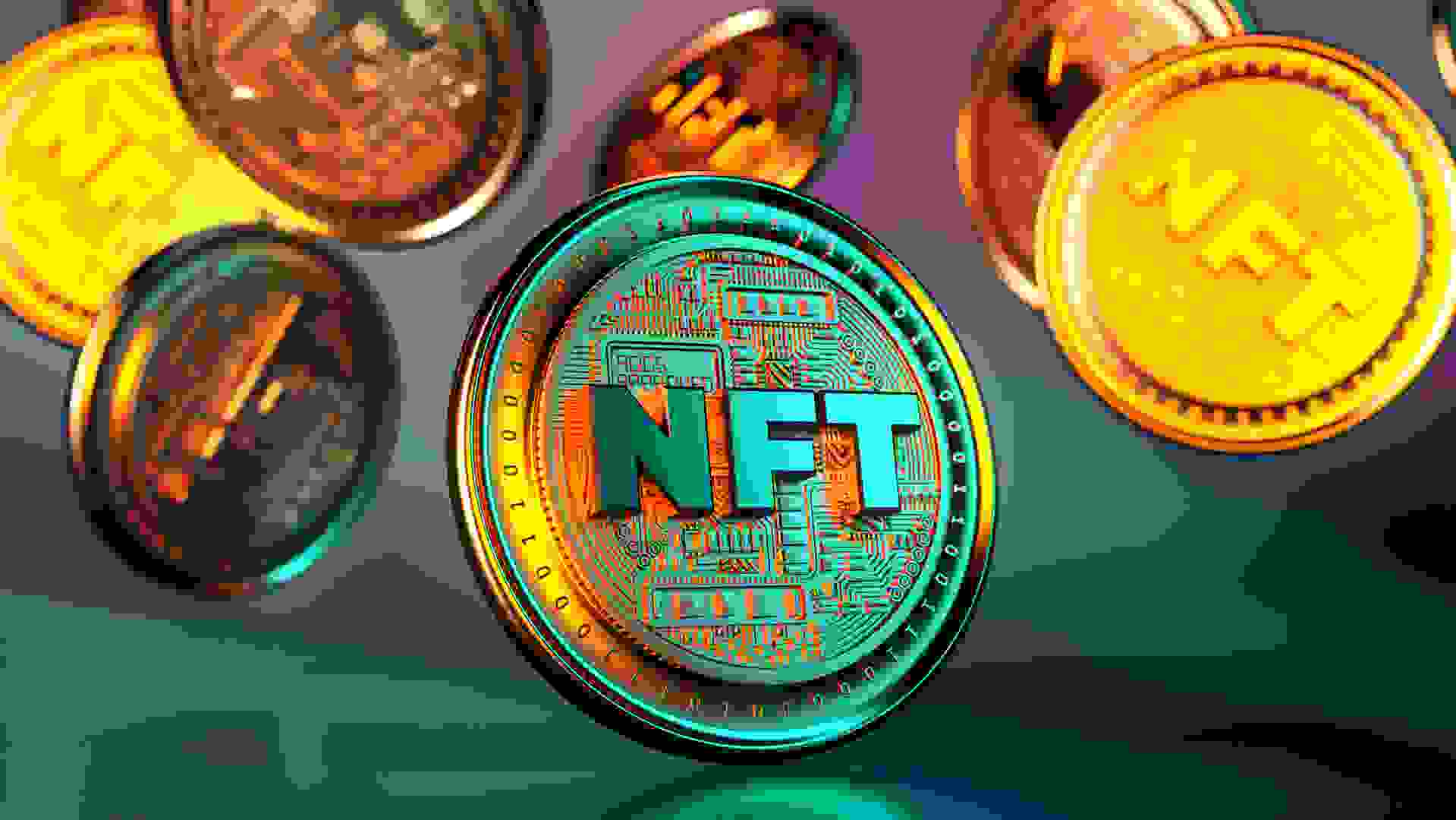 NFT non fungible token golden coins falling.