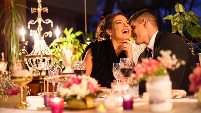 Young couple having romantic dinner at the restaurant.