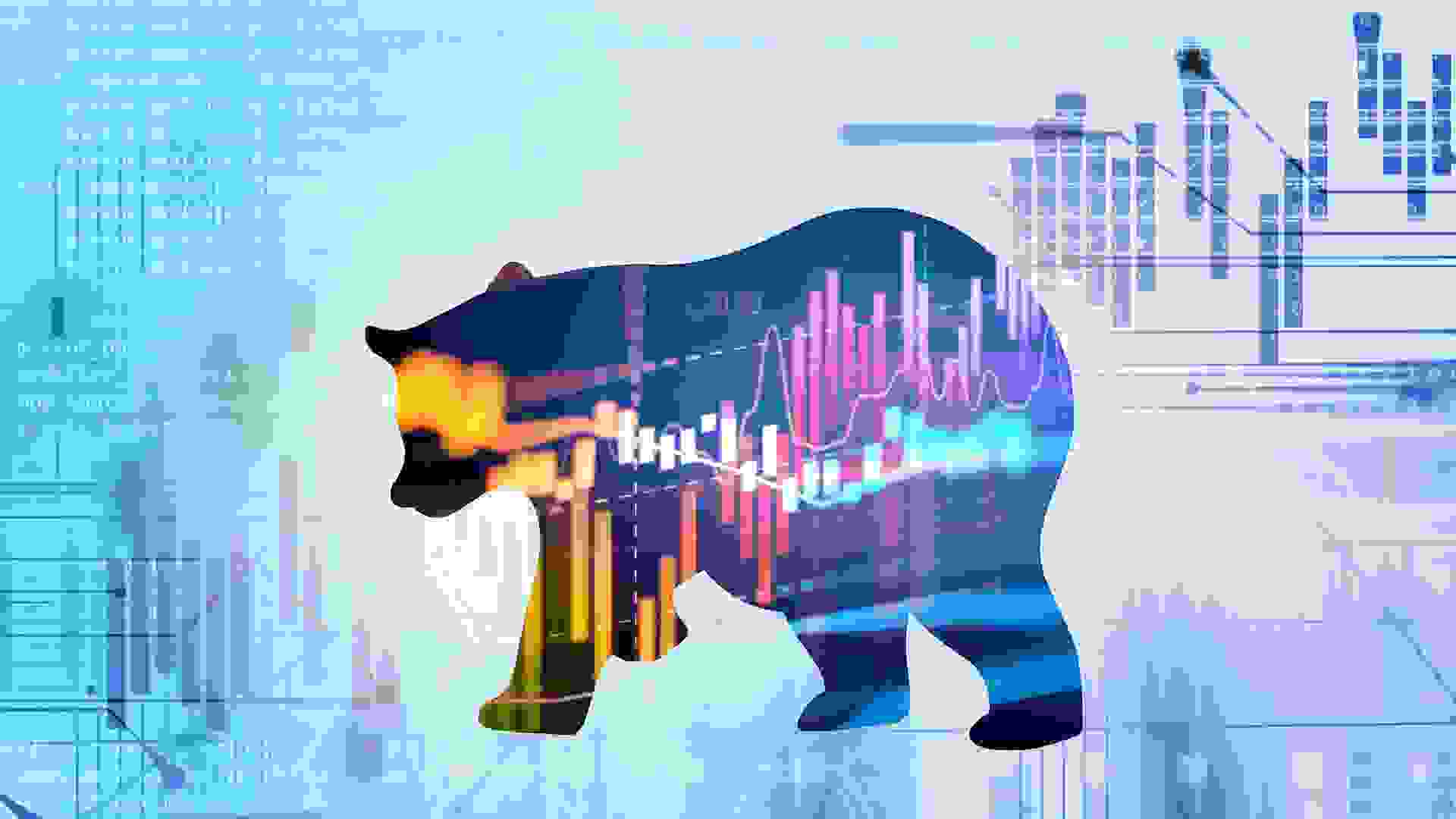 silhouette form of bear on financial stock market graph represent stock market crash or down trend investment.